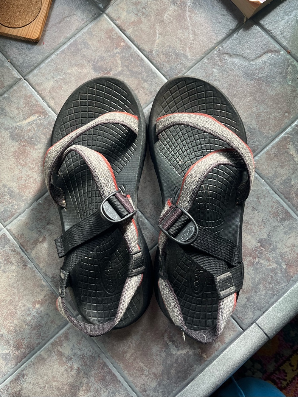 Chaco Black Sandals with Gray and Red Strap Accents